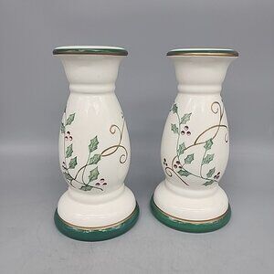 Pair Trend Ceramic Christmas Taper Candle Holder Holly 7" Antique White Set Of 2